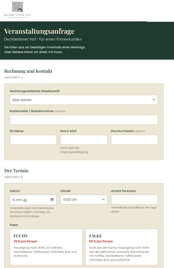 Anfrageformular für Firmenveranstaltungen mit Feldern für Rechnungsdaten, Termin und Verpflegungspaket