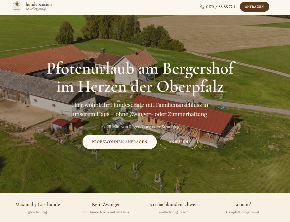 Startseite der Hundepension am Bergershof in voller Breite