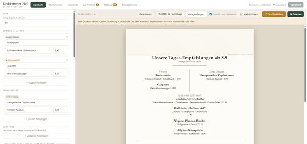 Bedienoberfläche der Speisekartenwerkstatt: links die Eingabefelder für Gerichte und Preise, rechts die fertige Tageskarte in der Vorschau
